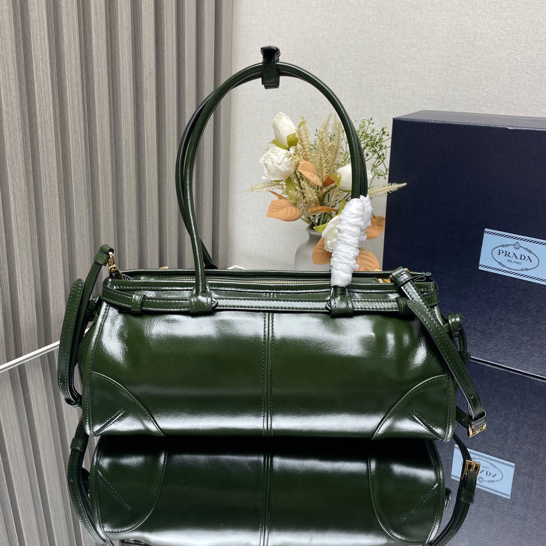 Prada Medium LusSolf Leather Handbag Bag Tote Army Green 1BA426